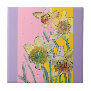 Aquarell-Osterglocken-Blume Floral Rosa Gelb Fliese