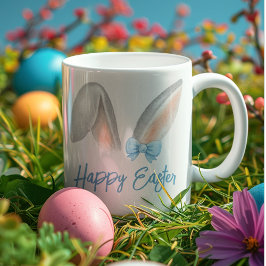 Aquarell-Osterhasenohren mit blauem Band Frühling Milchtasse