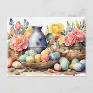 Aquarell-Osterillustration mit Blumen, Eiern Feiertagspostkarte