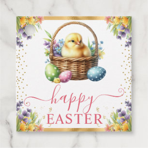 Aquarell-Osterkörbchen mit Frühlingsküken Geschenkanhänger