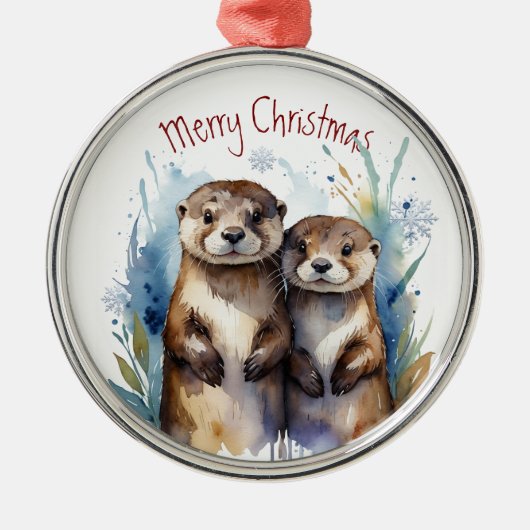 Aquarell Otter Couple Winter Animal Art Ornament Aus Metall (Vorne)