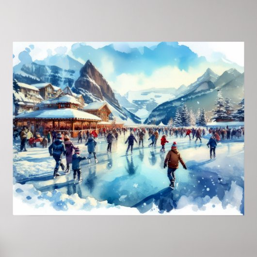 Aquarell Outdoor Ice Skaten Winter Resort Poster (Vorne)