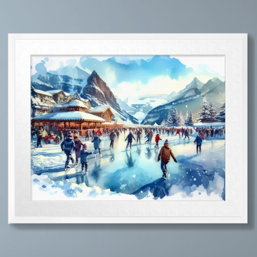 Aquarell Outdoor Ice Skaten Winter Resort Poster