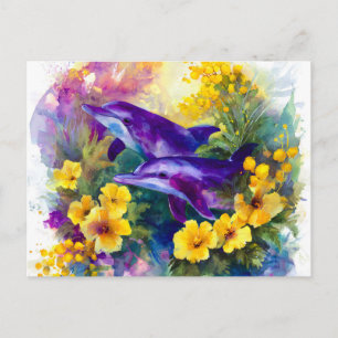 Aquarell-Ozean-Delfine-tropische Blumen Ankündigungspostkarte