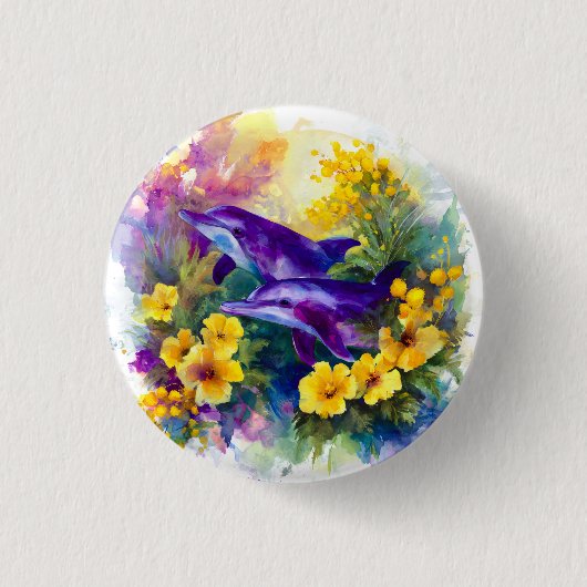 Aquarell-Ozean-Delfine Tropische Blumen Button (Vorderseite)