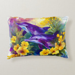 Aquarell-Ozean-Delfine Tropische Blumen Dekokissen