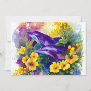 Aquarell-Ozean-Delfine Tropische Blumen Feiertagskarte