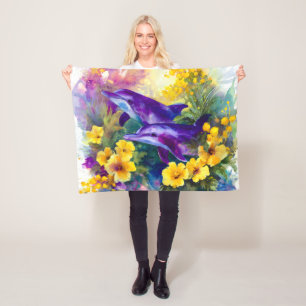 Aquarell-Ozean-Delfine-tropische Blumen Fleecedecke