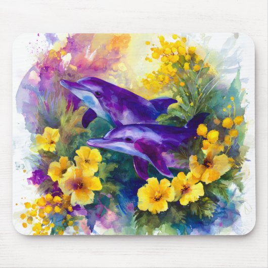 Aquarell-Ozean-Delfine-tropische Blumen Mousepad (Vorne)