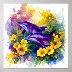 Aquarell-Ozean-Delfine Tropische Blumen Poster