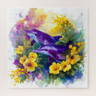 Aquarell-Ozean-Delfine-tropische-Blumen Puzzle
