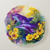Aquarell-Ozean-Delfine Tropische Blumen Rundes Kissen (Rückseite)