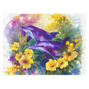 Aquarell-Ozean-Delfine-tropische Blumen Tischdecke