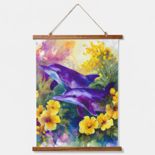 Aquarell-Ozean-Delfine-tropische Blumen Wandteppich Mit Holzrahmen