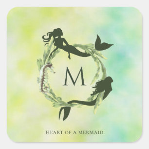 Aquarell-Ozean-Kranz-Meerjungfrau-Monogramm Quadratischer Aufkleber