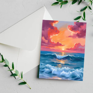 Aquarell-Ozean-Sonnenuntergang-Gemälde Strandwelle