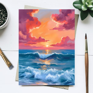 Aquarell-Ozean-Sonnenuntergang-Malerei Strandwelle Postkarte