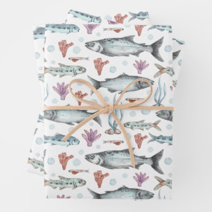 Aquarell-Ozeanfische, Korallen und Seetang  Geschenkpapier Set