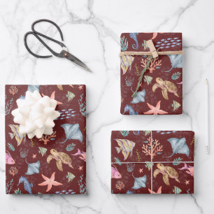 Aquarell-Ozeanleben strukturierte Sangria Geschenkpapier Set
