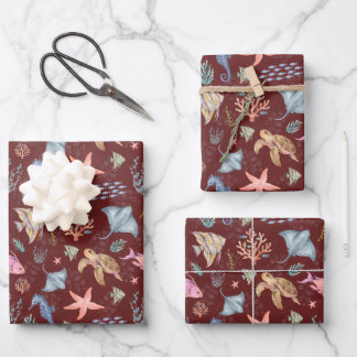 Aquarell-Ozeanleben strukturierte Sangria Geschenkpapier Set