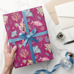 Aquarell-Ozeanleben Texturiert Dunkelrosa Geschenkpapier