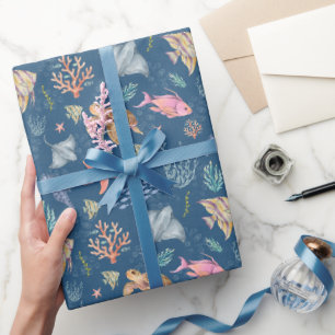 Aquarell-Ozeanleben Texturiert Dunkles Azurblau Geschenkpapier