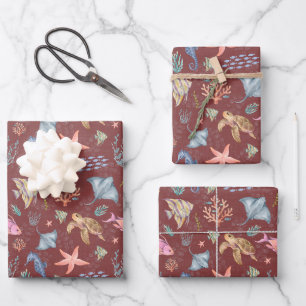 Aquarell-Ozeanleben Texturiert Grau Sangria Geschenkpapier Set