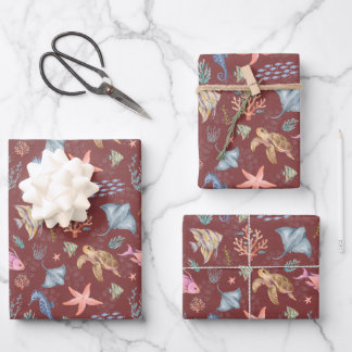 Aquarell-Ozeanleben Texturiert Grau Sangria Geschenkpapier Set
