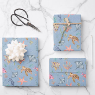 Aquarell-Ozeanleben Texturiert Hellblau Geschenkpapier Set