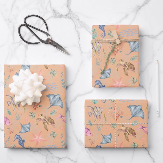 Aquarell-Ozeanleben Texturiert Hellorange Geschenkpapier Set (Vorderseite)