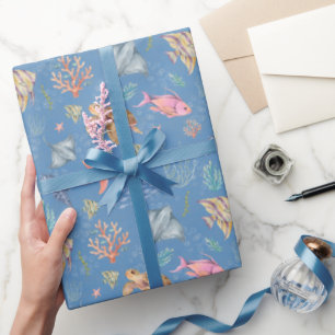 Aquarell-Ozeanleben Texturiert Mittelblau Geschenkpapier