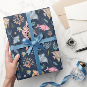 Aquarell-Ozeanleben Texturiert Navyblau Geschenkpapier