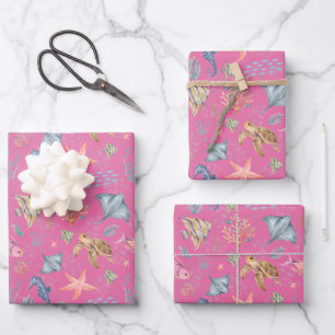 Aquarell-Ozeanleben Texturiert Rosa Geschenkpapier Set