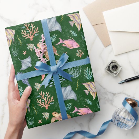 Aquarell-Ozeanleben Texturierter Waldgrün Geschenkpapier (Schenken)