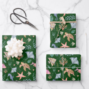 Aquarell-Ozeanleben Texturierter Waldgrün Geschenkpapier Set