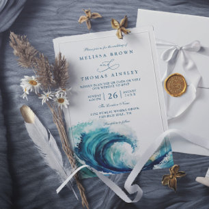 Aquarell-Ozeanwelle-Navyblau-QR-Code-Hochzeit Einladung