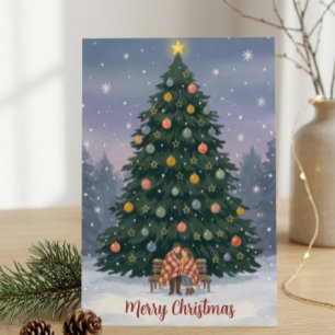 Aquarell-Paar auf Bank unter riesigem Weihnachtsba Feiertagskarte