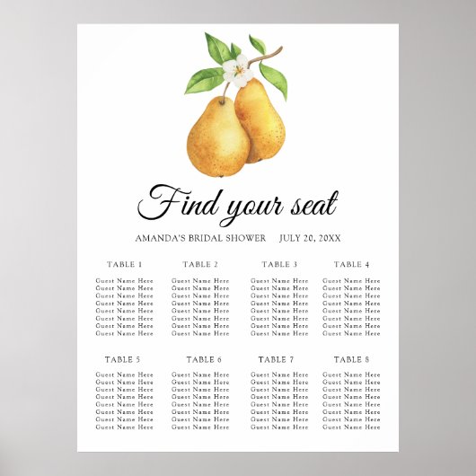 Aquarell-Paar Birnen Hochzeits-Sitzordnung Poster (Vorne)