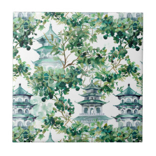 Aquarell-Pagoden Olivenwald Asiatische Landschaft Fliese