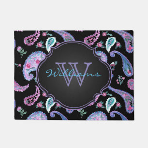 Aquarell Paisley Schwarz Lavendel Monogramm Fußmatte