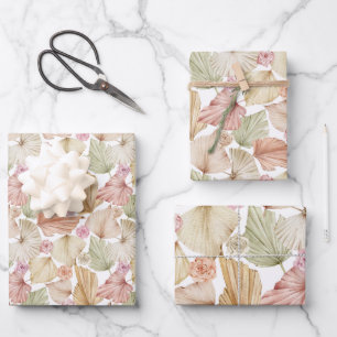 Aquarell-Palmenblätter und Rosen Geschenkpapier Set
