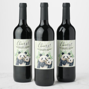 Aquarell Panda Bears Mama & Baby in Bamboo Dusche Weinetikett