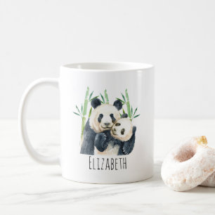 Aquarell Panda Bears Mama & Baby in Bamboo Kaffeetasse