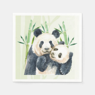 Aquarell Panda Bears Mama & Baby in Bamboo Serviette