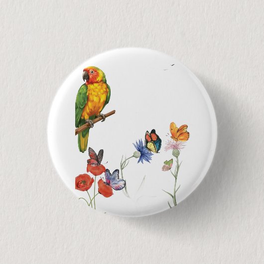 Aquarell-Papagei und Schmetterlinge Design Button (Vorderseite)