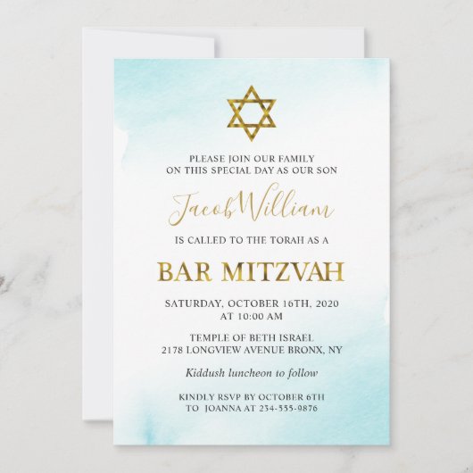 Aquarell Pastel Blue Gold Bar Mitzvah Einladung (Vorderseite)