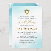 Aquarell Pastel Blue Gold Bar Mitzvah Einladung (Vorne/Hinten)