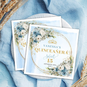 Aquarell Pastell Blau Floral Gold 15. Geburtstag Serviette