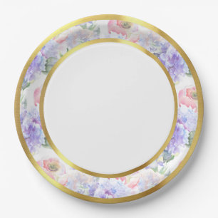 Aquarell Pastell Blumen Goldrand Papier Teller
