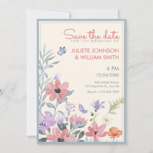 Aquarell-Pastell-Blumen-Schmetterling-Hochzeit Save The Date